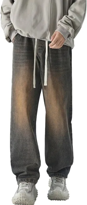 Mens Wide Leg Stylish Skater Jeans Casual Loose Fit Denim Pants Vintage Streetwear Hip Hop Jeggings