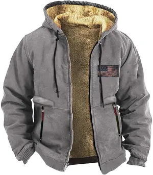 Men's Winter Hoodie Jacket Thick Cotton Warm Fleece Lined Coat Trucker Lapel Collar USA Flag Printed Work Sweatshirts