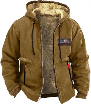 Men's Winter Hoodie Jacket Thick Cotton Warm Fleece Lined Coat Trucker Lapel Collar USA Flag Printed Work Sweatshirts