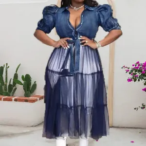 Mesh Patchwork Long Denim Dress