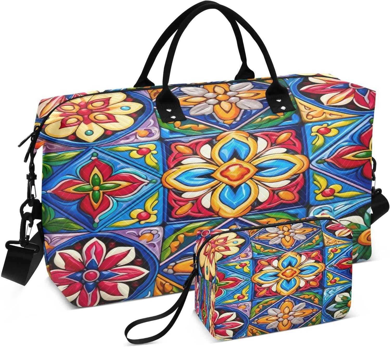 Mexican Ceramic Tile Travel Duffel Bag, Shoulder Weekender Overnight Bags - Large Gym Bag with Wet Pocket