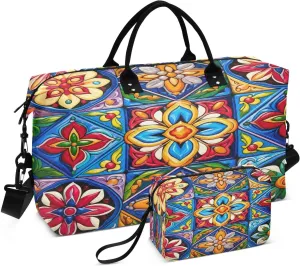 Mexican Ceramic Tile Travel Duffel Bag, Shoulder Weekender Overnight Bags - Large Gym Bag with Wet Pocket