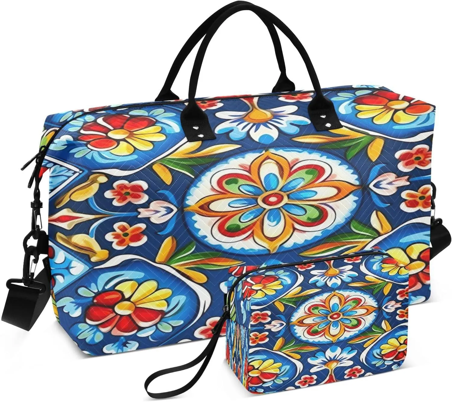 Mexican Floral Ceramic Tile Travel Duffel Bag, Shoulder Weekender Overnight Bags - Large Gym Bag with Wet Pocket