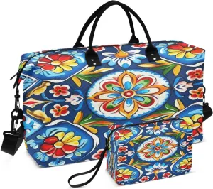 Mexican Floral Ceramic Tile Travel Duffel Bag, Shoulder Weekender Overnight Bags - Large Gym Bag with Wet Pocket