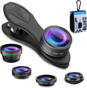 MIAO LAB 5 in 1 Phone Camera Lens Kit -0.63X Wide Angle Lens & 15X Macro Lens 190°Fisheye Lens/CPL   2X Telephoto Lens Compatible with iPhone Samsung Sony and Most of Smartphone