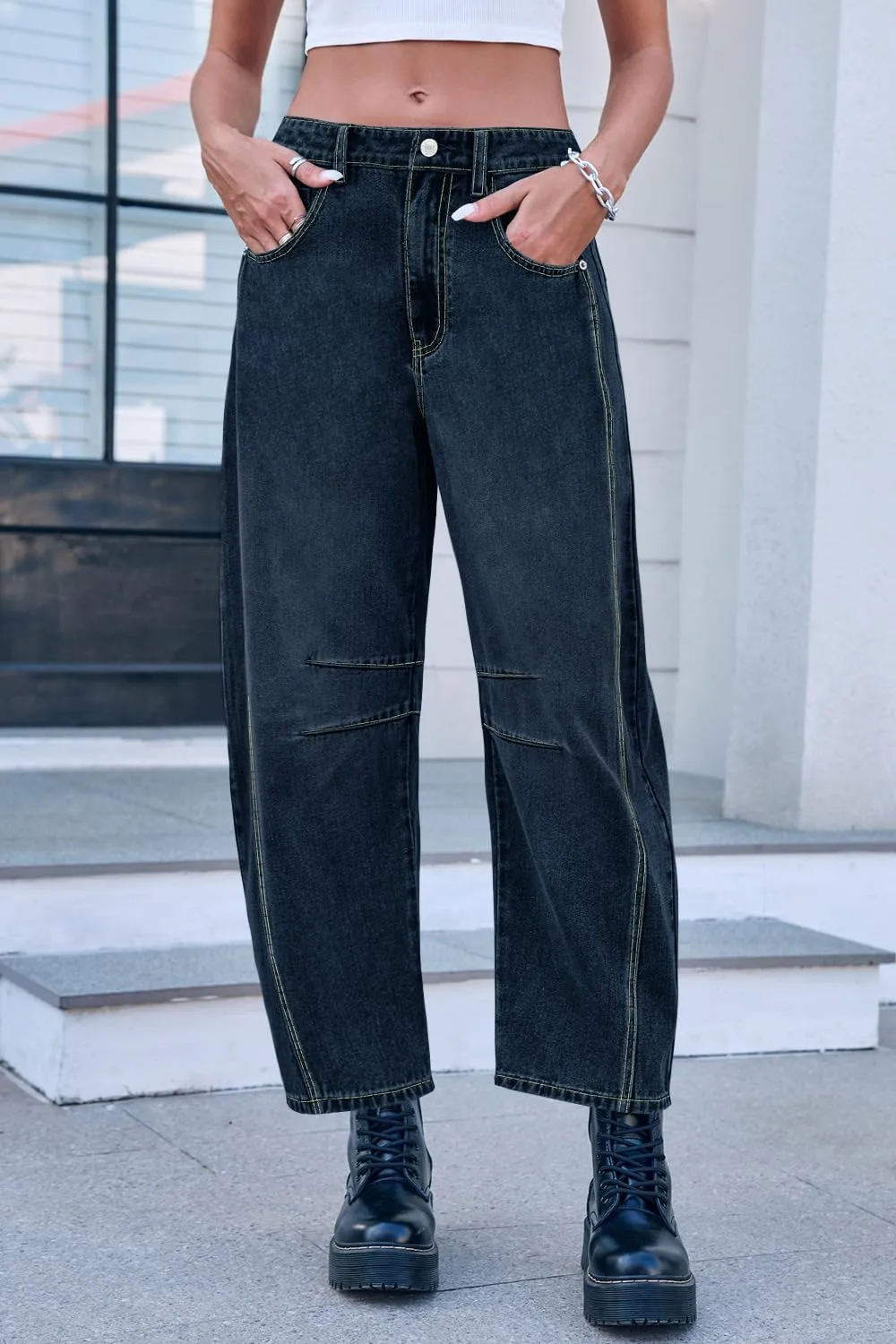 Mid Rise Barrel Jeans for Women Mid Waist Wide Leg Cropped Denim Pants Y2k Baggy Boyfriend Jeans with Pockets