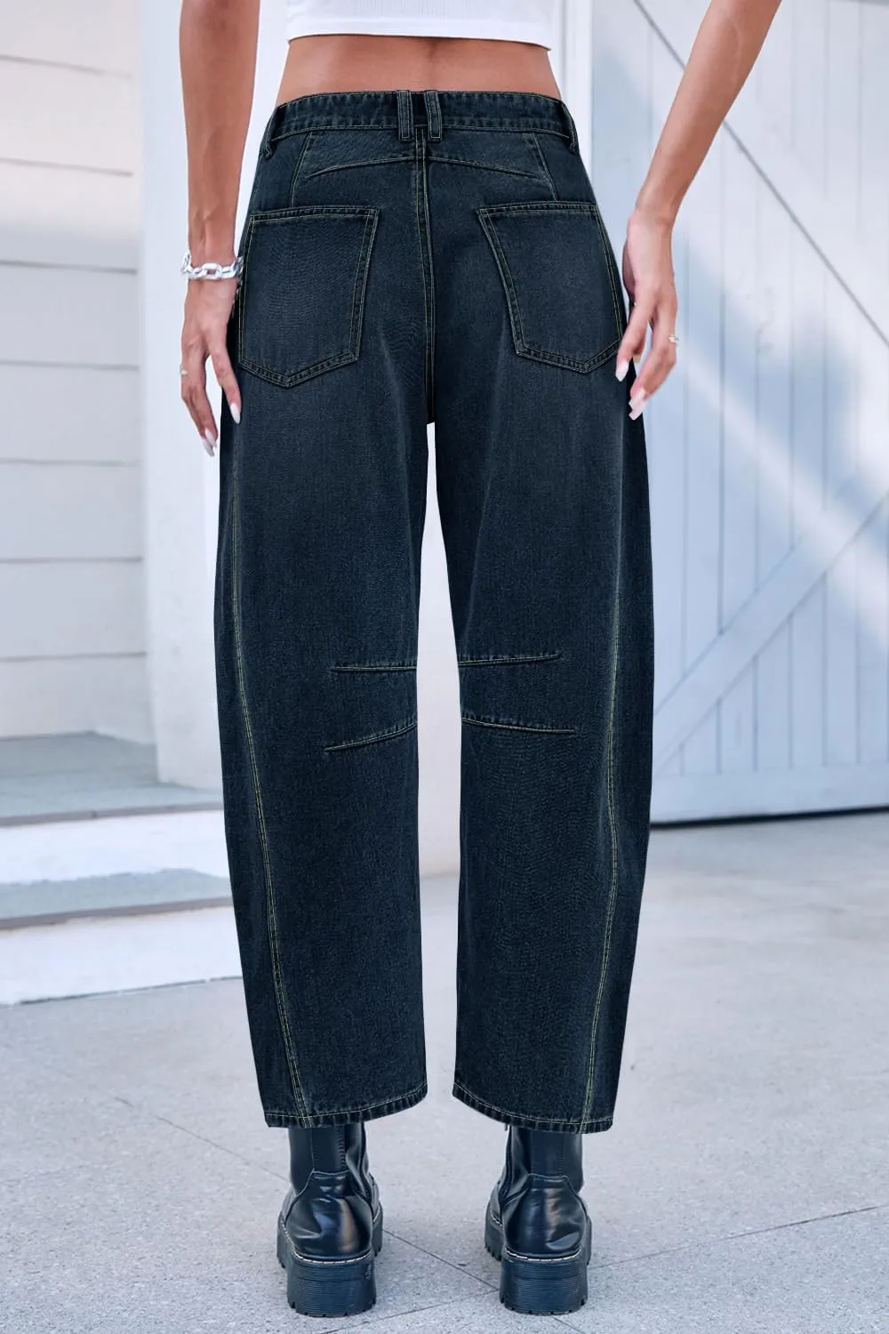 Mid Rise Barrel Jeans for Women Mid Waist Wide Leg Cropped Denim Pants Y2k Baggy Boyfriend Jeans with Pockets