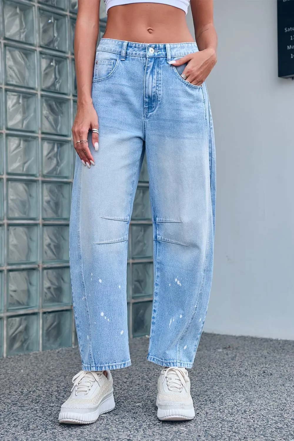 Mid Rise Barrel Jeans for Women Mid Waist Wide Leg Cropped Denim Pants Y2k Baggy Boyfriend Jeans with Pockets