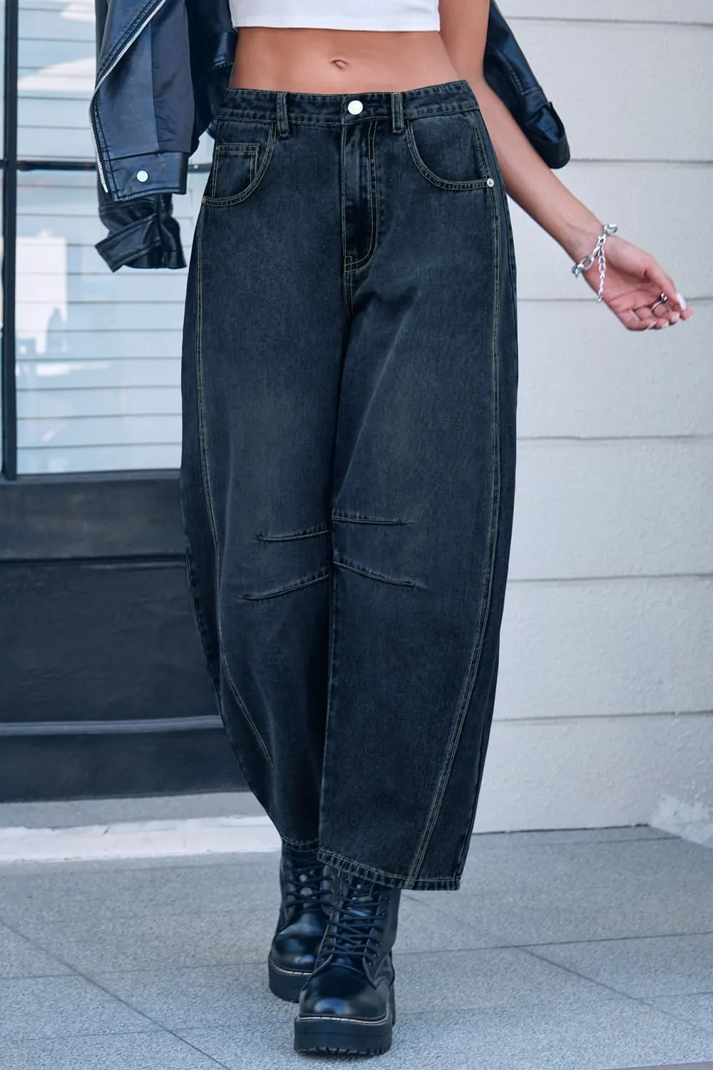 Mid Rise Barrel Jeans for Women Mid Waist Wide Leg Cropped Denim Pants Y2k Baggy Boyfriend Jeans with Pockets