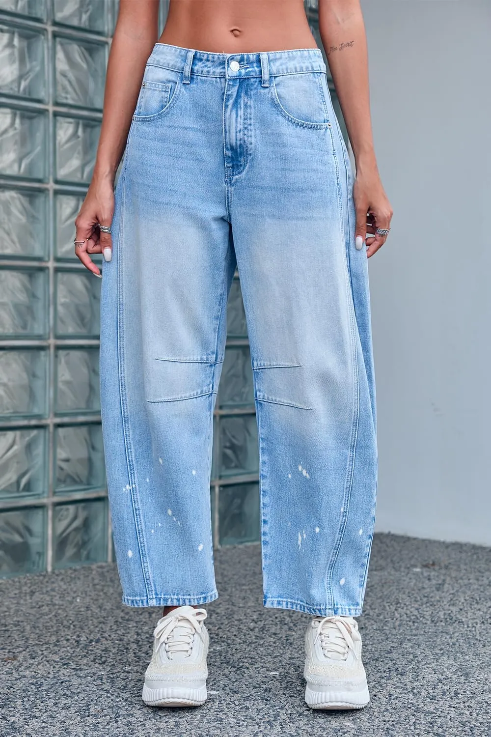 Mid Rise Barrel Jeans for Women Mid Waist Wide Leg Cropped Denim Pants Y2k Baggy Boyfriend Jeans with Pockets