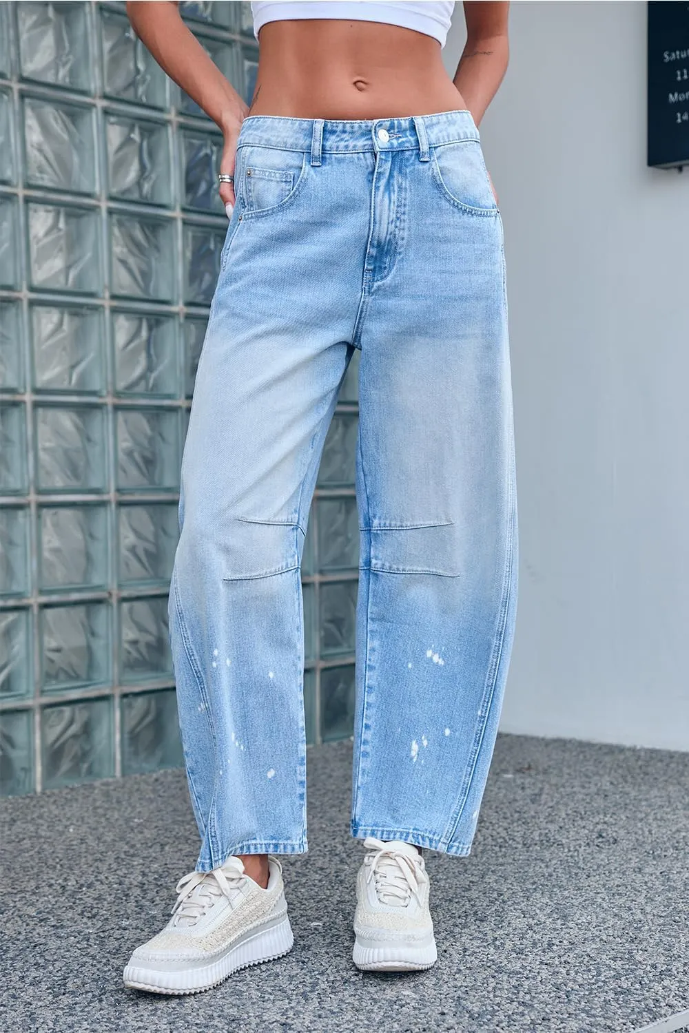 Mid Rise Barrel Jeans for Women Mid Waist Wide Leg Cropped Denim Pants Y2k Baggy Boyfriend Jeans with Pockets