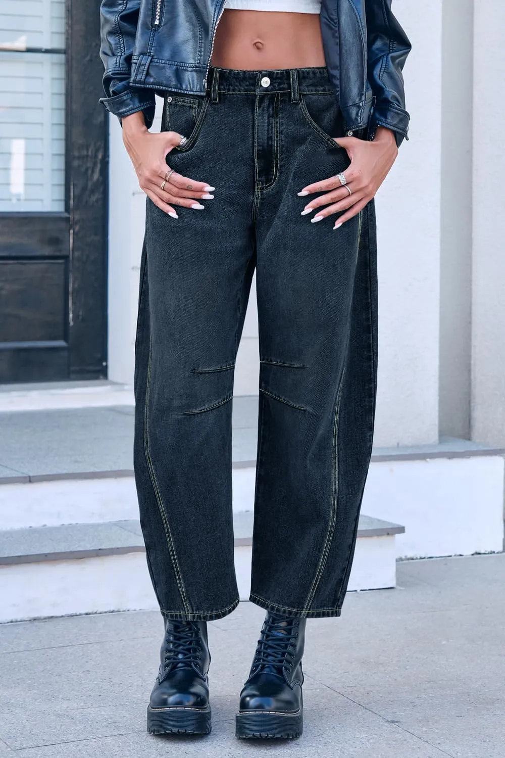 Mid Rise Barrel Jeans for Women Mid Waist Wide Leg Cropped Denim Pants Y2k Baggy Boyfriend Jeans with Pockets