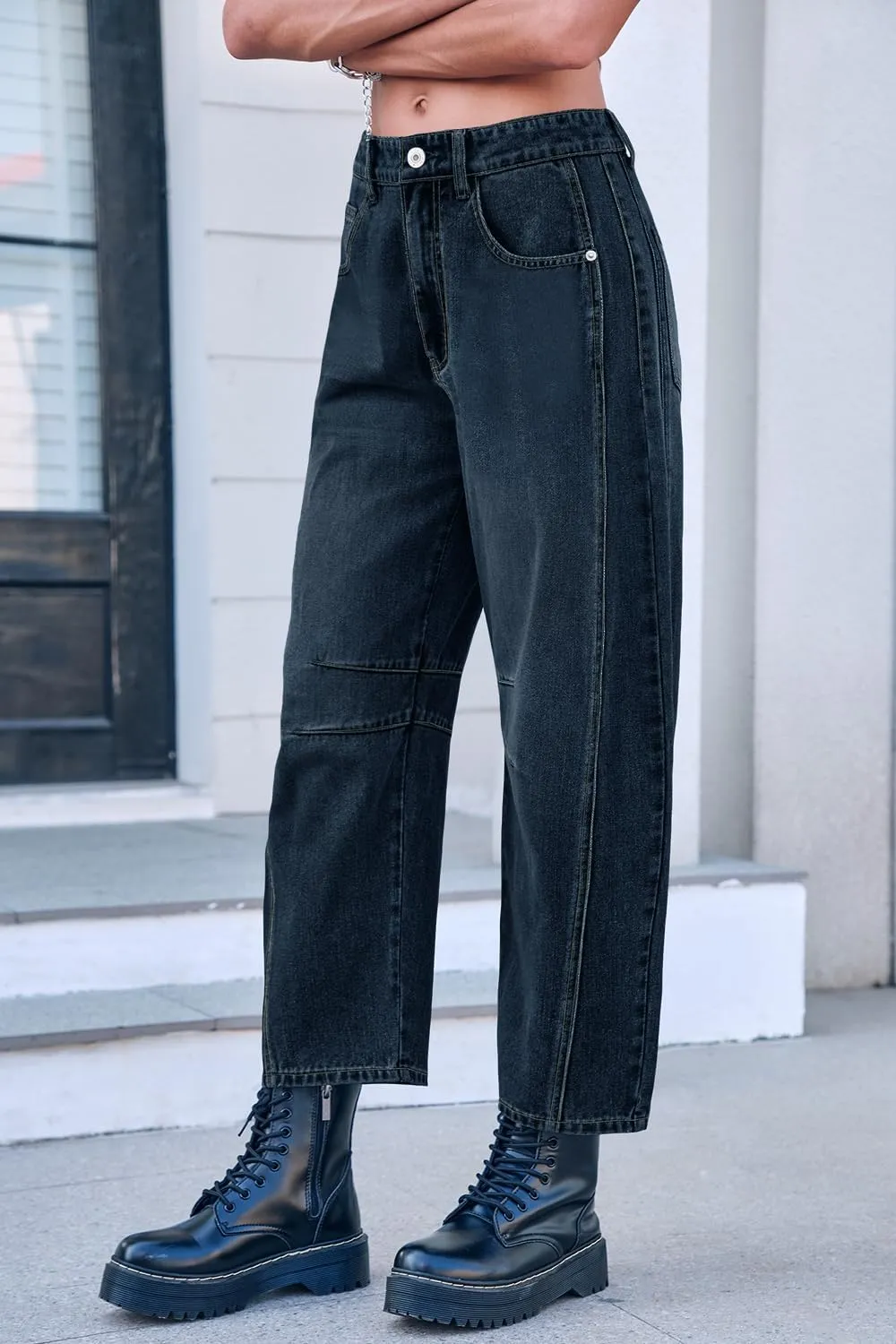 Mid Rise Barrel Jeans for Women Mid Waist Wide Leg Cropped Denim Pants Y2k Baggy Boyfriend Jeans with Pockets