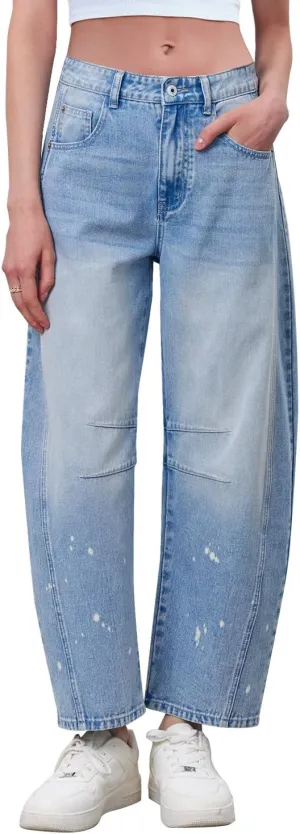 Mid Rise Barrel Jeans for Women Mid Waist Wide Leg Cropped Denim Pants Y2k Baggy Boyfriend Jeans with Pockets