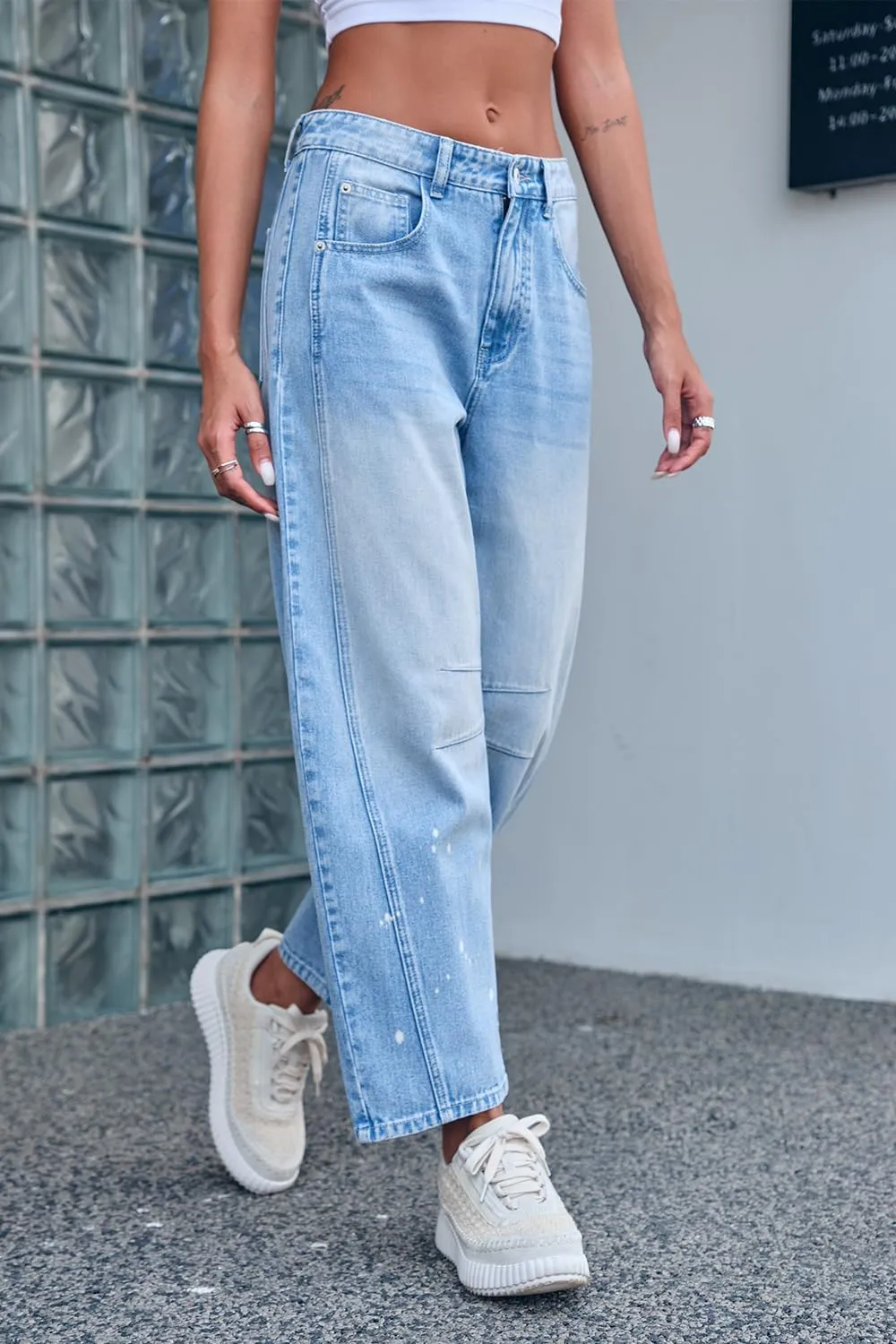 Mid Rise Barrel Jeans for Women Mid Waist Wide Leg Cropped Denim Pants Y2k Baggy Boyfriend Jeans with Pockets