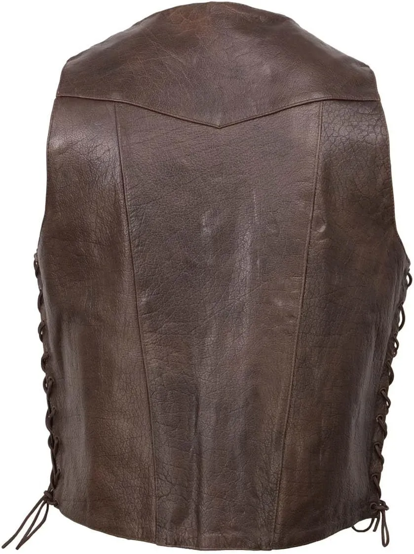 Milwaukee Leather ML1391RT Men's Retro Brown Leather Vest- 10 Pockets Side Lace 4-Snap V-Neck Motorcycle Rider Vest