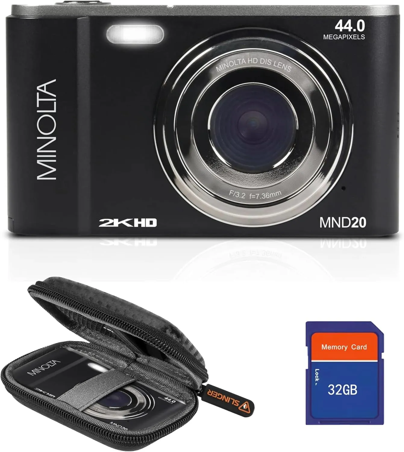 Minolta MND20 44 MP 2.7K Ultra HD Digital Camera with Slinger Camera case (Black)