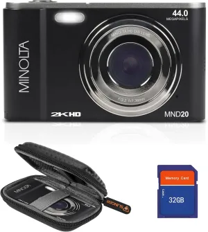 Minolta MND20 44 MP 2.7K Ultra HD Digital Camera with Slinger Camera case (Black)