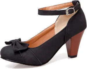 MIOKE Women's Mary Jane Pump Oxfords Pointed Toe Buckle Strap Leather Kitten Mid Heel Retro Dress Shoes