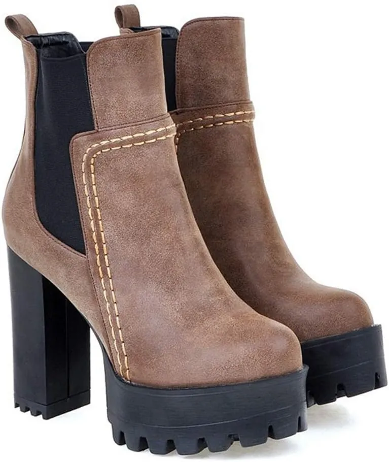 MIOKE Women's Platform High Heeled Ankle Booties Round Toe Chelsea Waterproof Elastic Dressy Short Boots