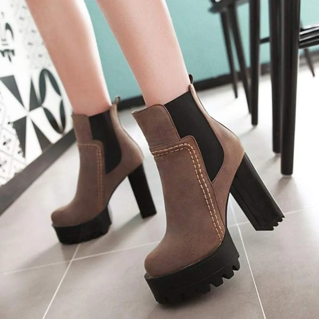 MIOKE Women's Platform High Heeled Ankle Booties Round Toe Chelsea Waterproof Elastic Dressy Short Boots