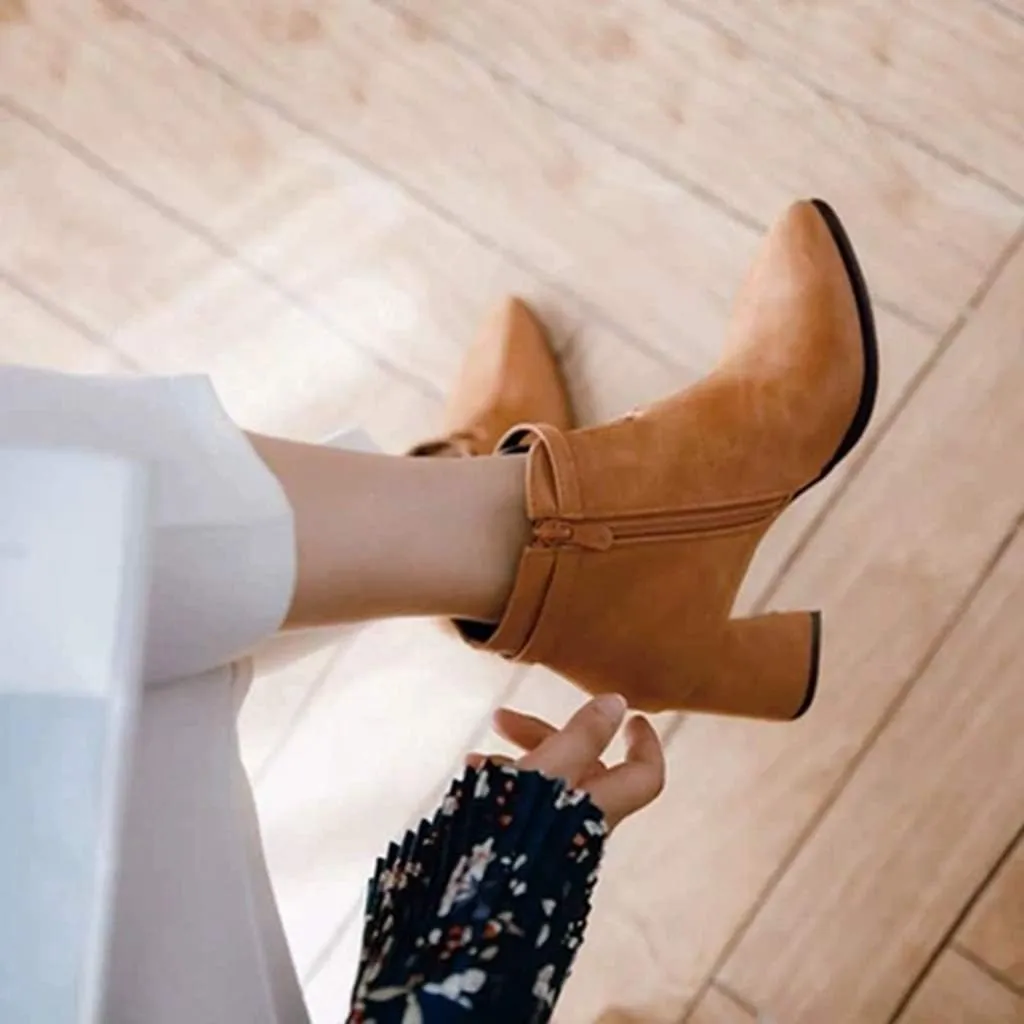 MIOKE Women's Pointed Toe Dressy Ankle Boots Trendy Zipper Chelsea Bootie Chunky Block High Heel Short Boot