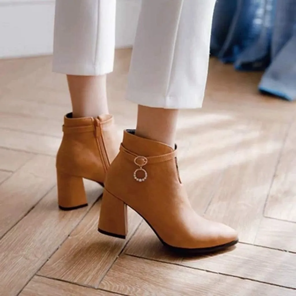 MIOKE Women's Pointed Toe Dressy Ankle Boots Trendy Zipper Chelsea Bootie Chunky Block High Heel Short Boot