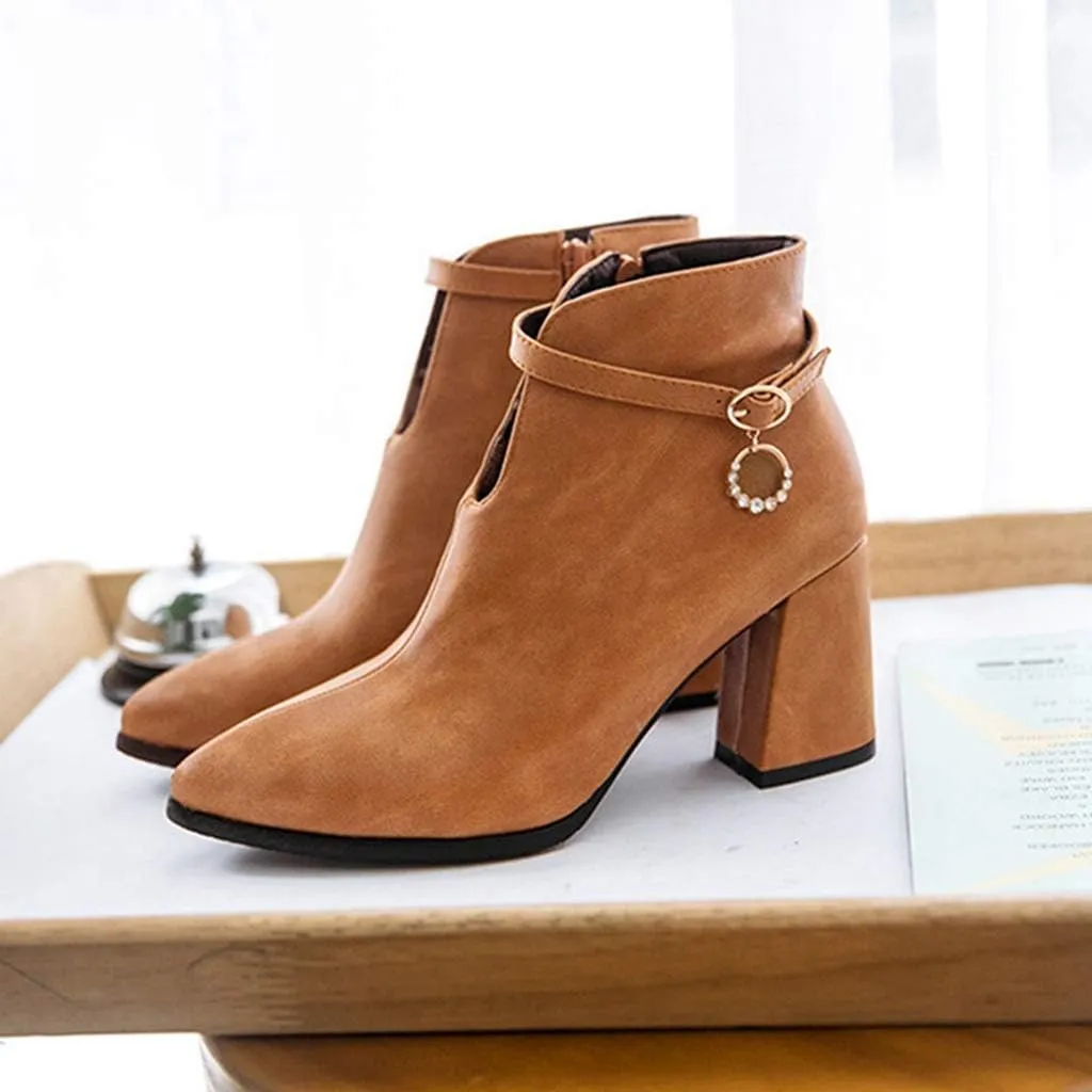 MIOKE Women's Pointed Toe Dressy Ankle Boots Trendy Zipper Chelsea Bootie Chunky Block High Heel Short Boot