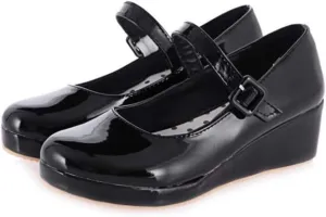 MIOKE Women's Round Toe Mary Jane Wedge Pumps Patent Leather Buckle Strap Chunky Mid Heel Retro Dress Shoes