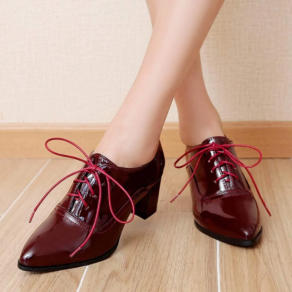 MIOKE Women's Vintage Lace Up Pump Oxfords Pointed Toe Chunky Block Mid Heel Brogues Office Dress Shoes