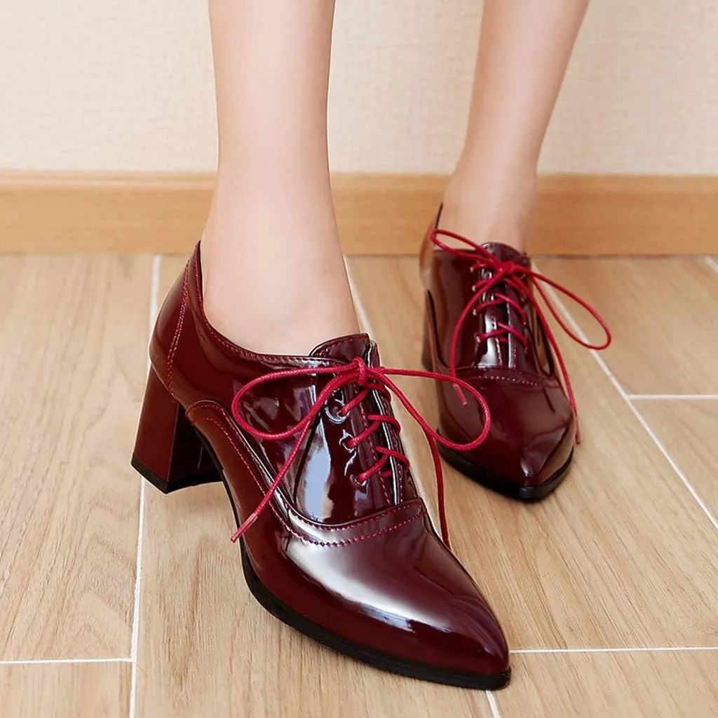 MIOKE Women's Vintage Lace Up Pump Oxfords Pointed Toe Chunky Block Mid Heel Brogues Office Dress Shoes