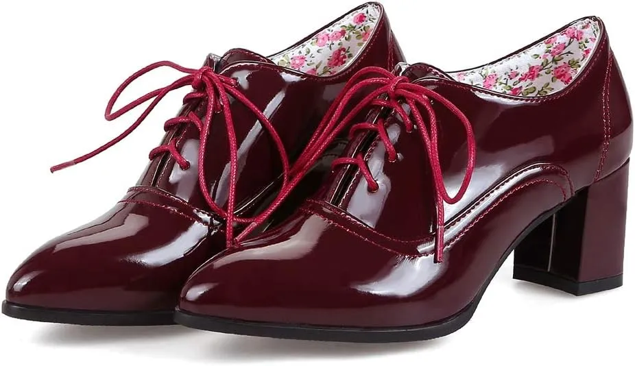 MIOKE Women's Vintage Lace Up Pump Oxfords Pointed Toe Chunky Block Mid Heel Brogues Office Dress Shoes