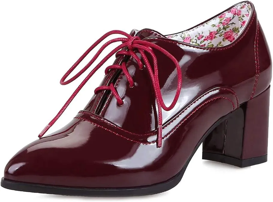 MIOKE Women's Vintage Lace Up Pump Oxfords Pointed Toe Chunky Block Mid Heel Brogues Office Dress Shoes