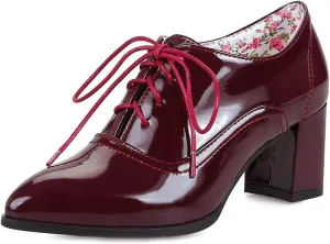 MIOKE Women's Vintage Lace Up Pump Oxfords Pointed Toe Chunky Block Mid Heel Brogues Office Dress Shoes