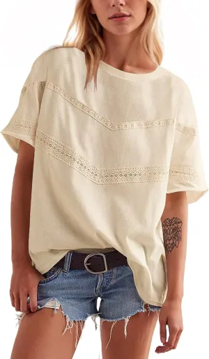 MISSACTIVER Women Oversized Tee Shirt Lace Patchwork Short Sleeve T-Shirt Loose Crew Neck Cotton Summer Tops Streetwear