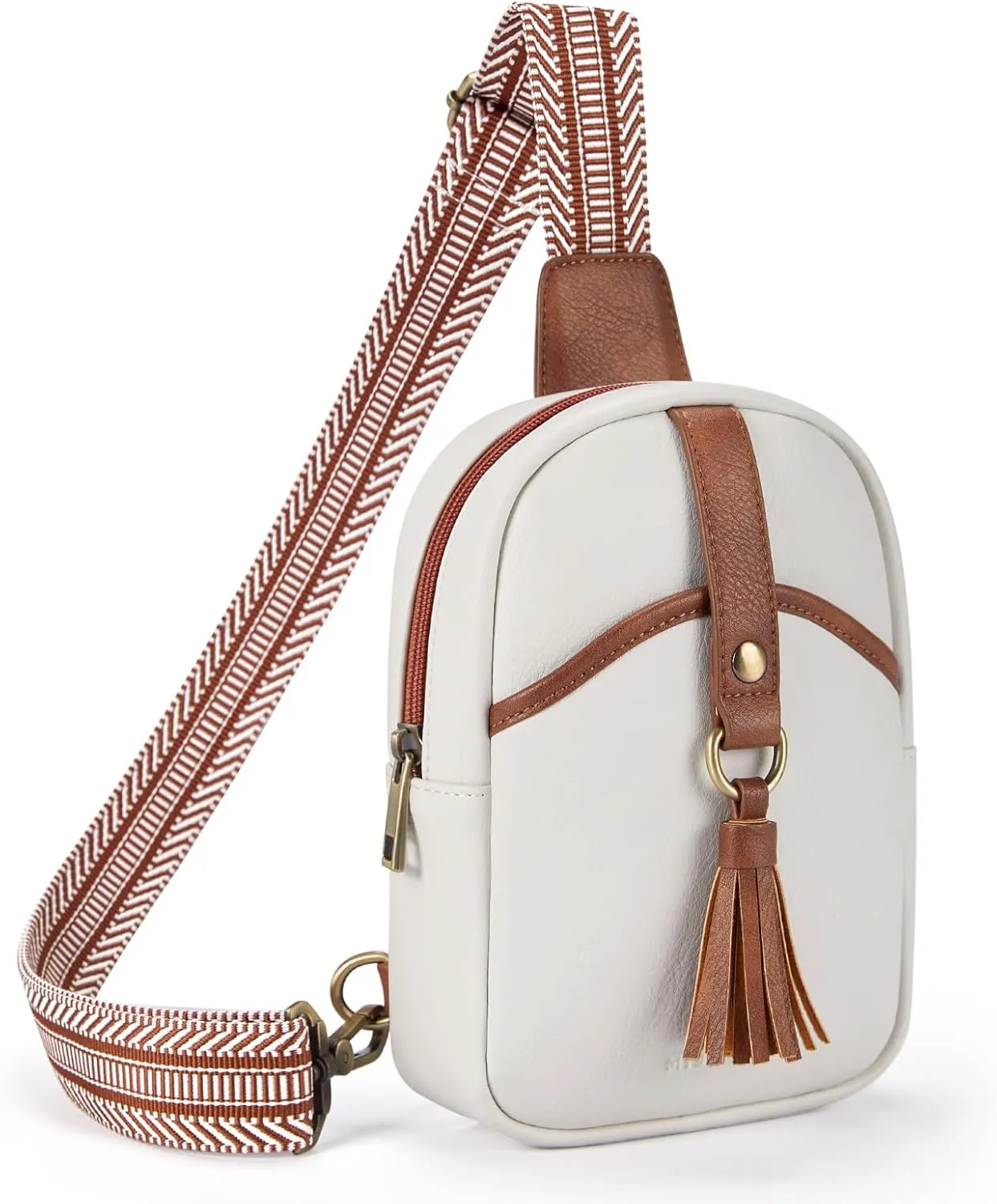 Missnine Small Sling Bag for Women PU Leather Fanny Pack Crossbody Purse Trendy Chest Bag for Travel, Shopping,Daily, Beige & Brown