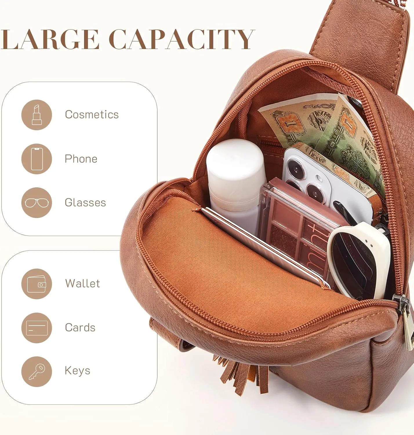 Missnine Small Sling Bag for Women PU Leather Fanny Pack Crossbody Purse Trendy Chest Bag for Travel, Shopping,Daily, Beige & Brown