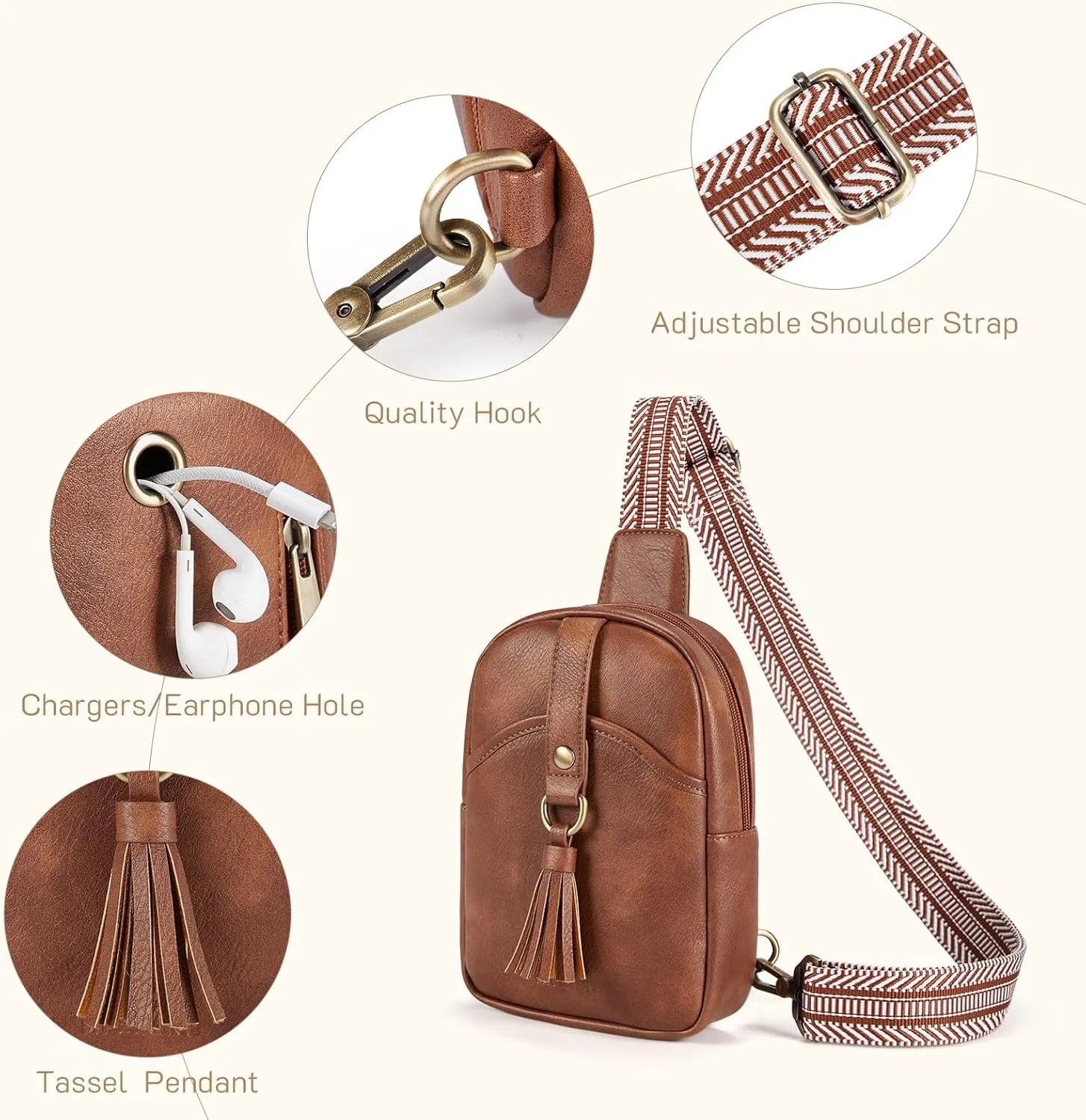 Missnine Small Sling Bag for Women PU Leather Fanny Pack Crossbody Purse Trendy Chest Bag for Travel, Shopping,Daily, Beige & Brown