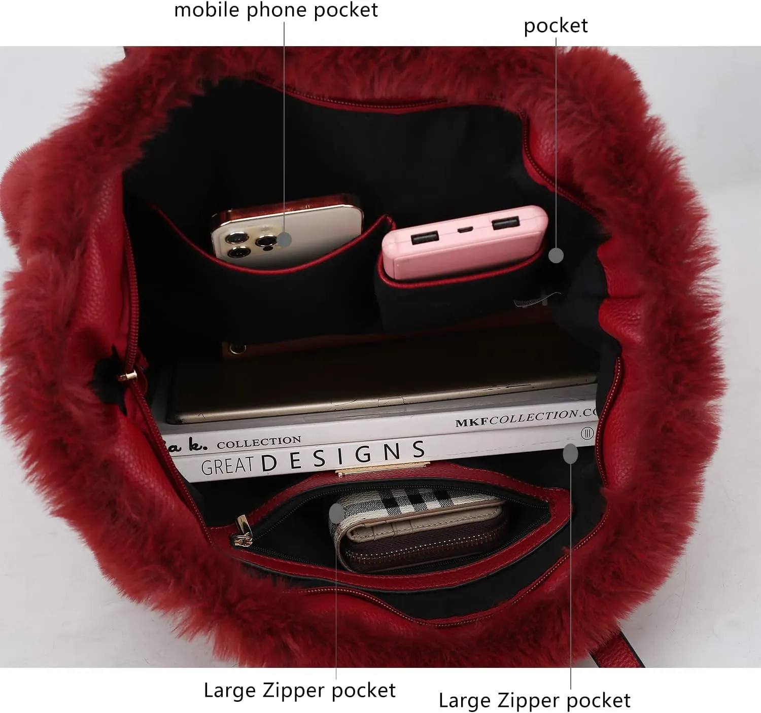 MKF Collection Fuzzy Tote Bag for Women Top-Handle Fluffy Faux Fur Crossbody Vegan Leather Purse