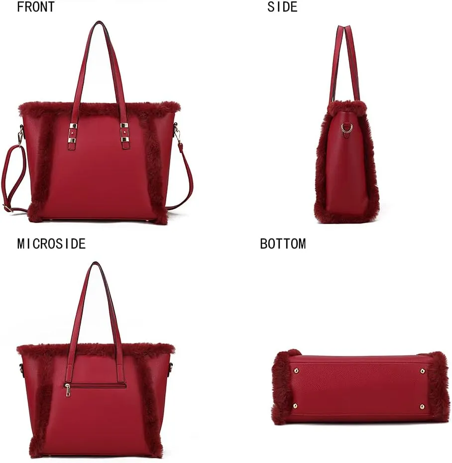 MKF Collection Fuzzy Tote Bag for Women Top-Handle Fluffy Faux Fur Crossbody Vegan Leather Purse