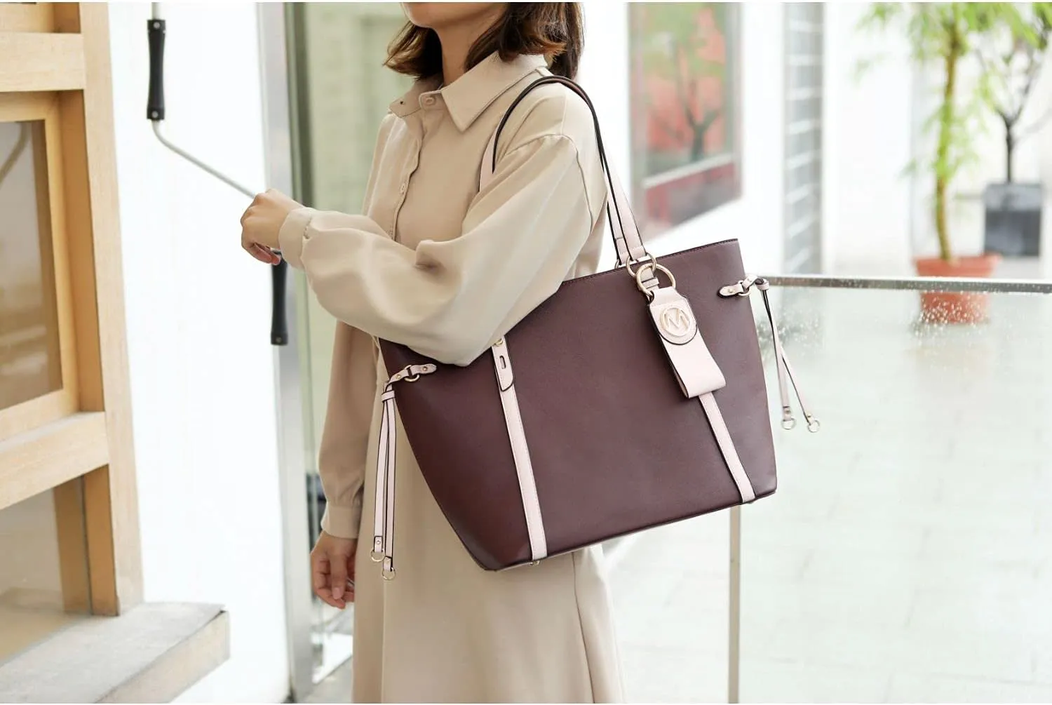 MKF Set Shoulder Bag for Women & Wristlet Wallet Purse: Top Handle Tote Satchel PU Leather Handbag Pocketbook