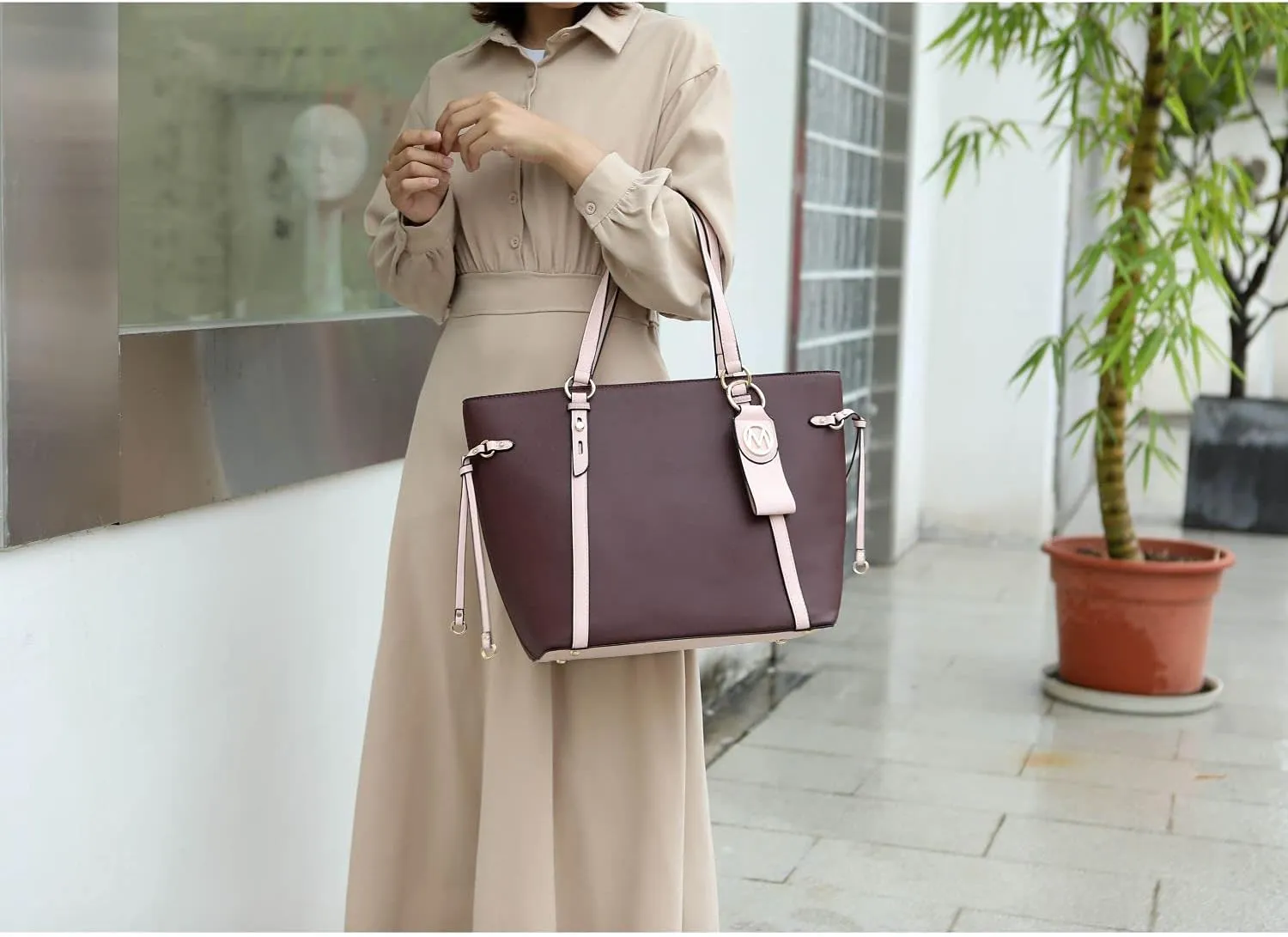 MKF Set Shoulder Bag for Women & Wristlet Wallet Purse: Top Handle Tote Satchel PU Leather Handbag Pocketbook