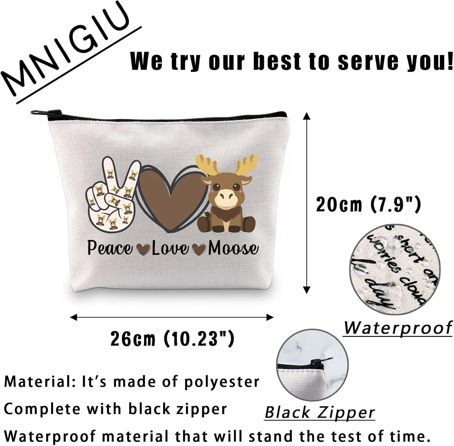 MNIGIU Funny Moose Gift Peace Love Moose Cosmetic Bag Moose Deer Makeup Bag Moose Lover Gift