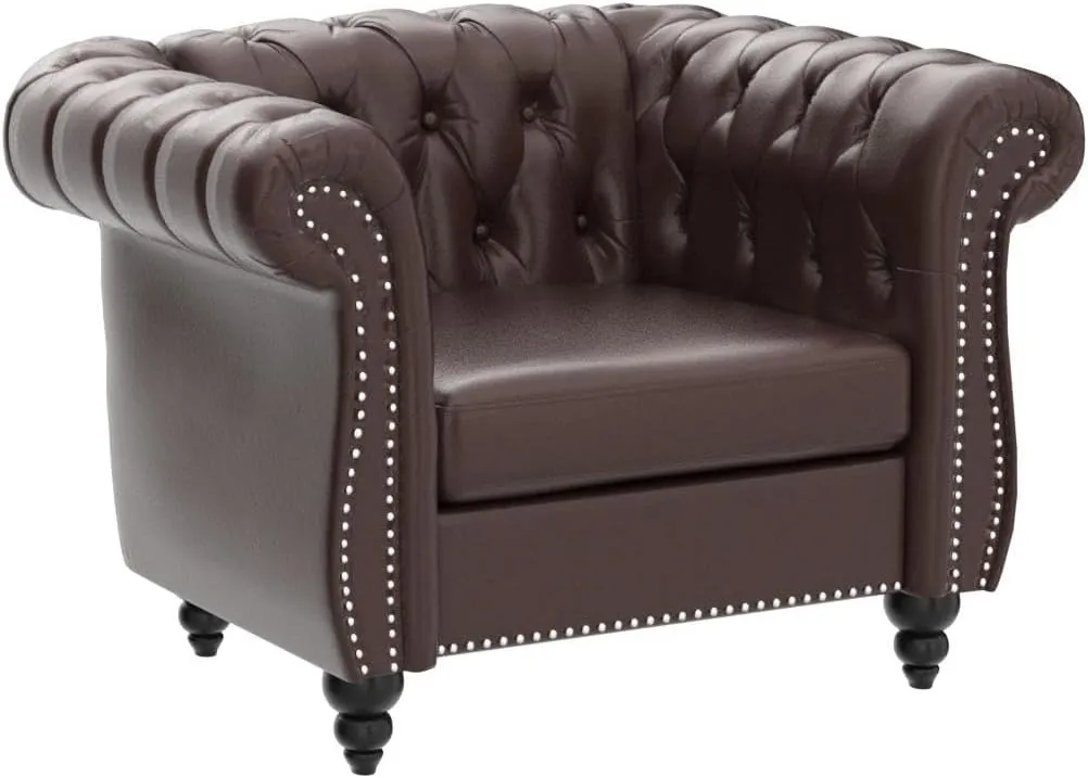 Modern Chesterfield Armchair PU Leather, Rolled Arm Tufted Back Accent Chairs, Upholstery Nailhead Trim for Living Room Office (Dark Brown)