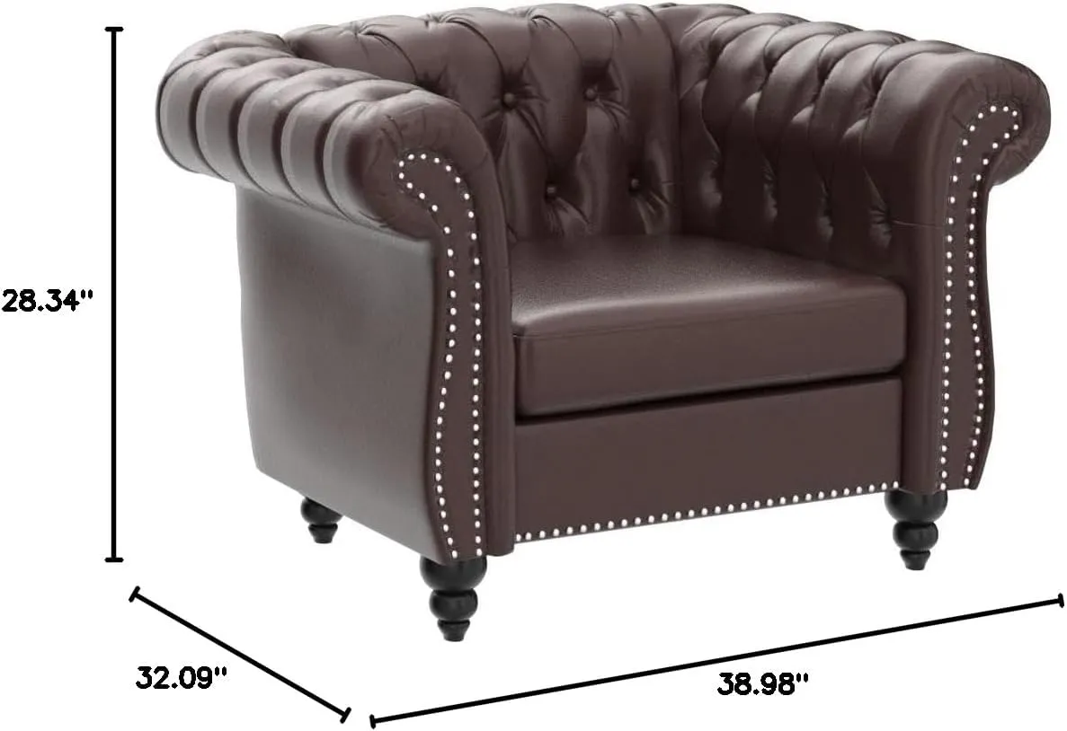 Modern Chesterfield Armchair PU Leather, Rolled Arm Tufted Back Accent Chairs, Upholstery Nailhead Trim for Living Room Office (Dark Brown)