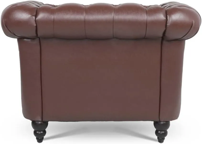 Modern Chesterfield Armchair PU Leather, Rolled Arm Tufted Back Accent Chairs, Upholstery Nailhead Trim for Living Room Office (Dark Brown)