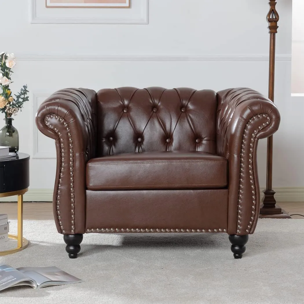 Modern Chesterfield Armchair PU Leather, Rolled Arm Tufted Back Accent Chairs, Upholstery Nailhead Trim for Living Room Office (Dark Brown)