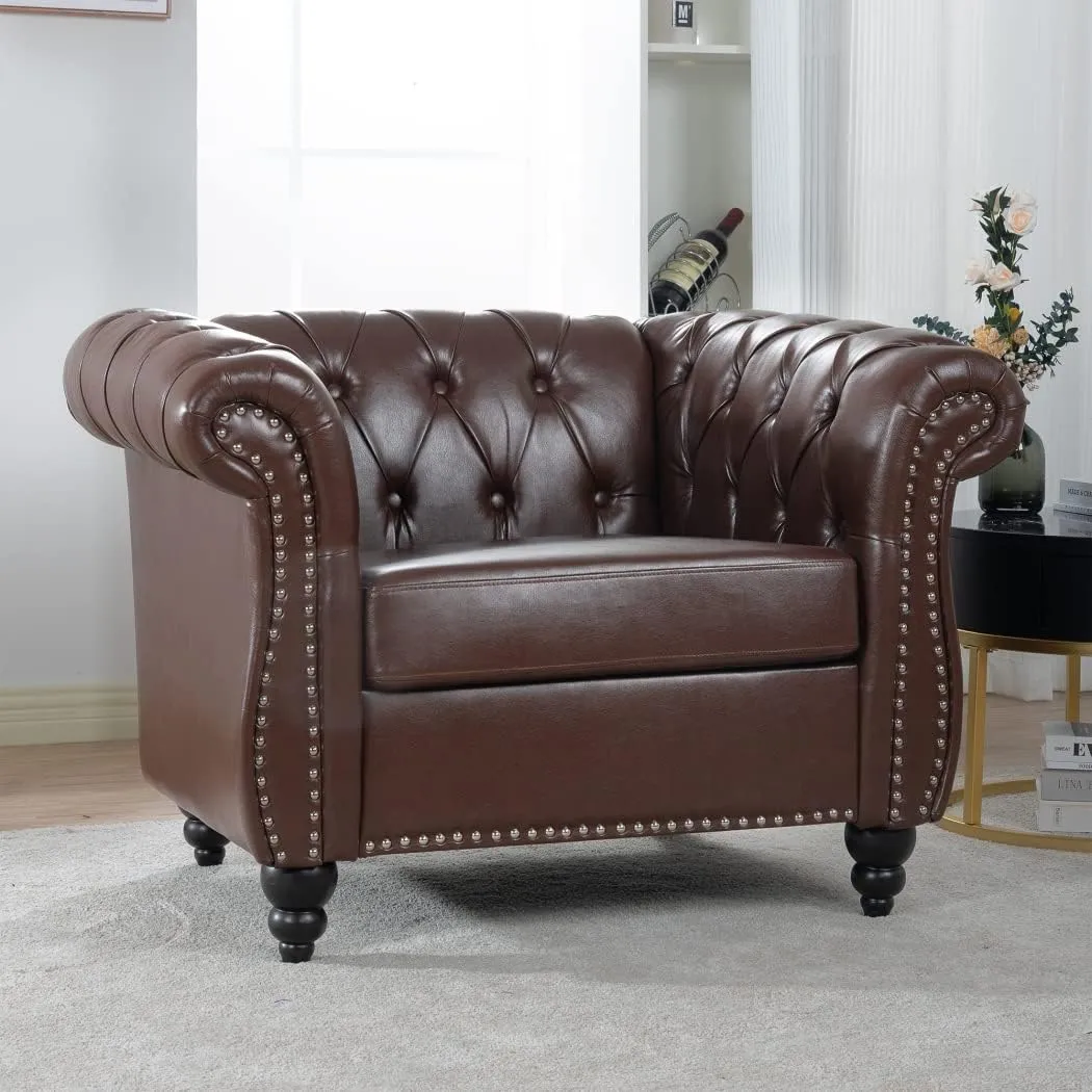 Modern Chesterfield Armchair PU Leather, Rolled Arm Tufted Back Accent Chairs, Upholstery Nailhead Trim for Living Room Office (Dark Brown)