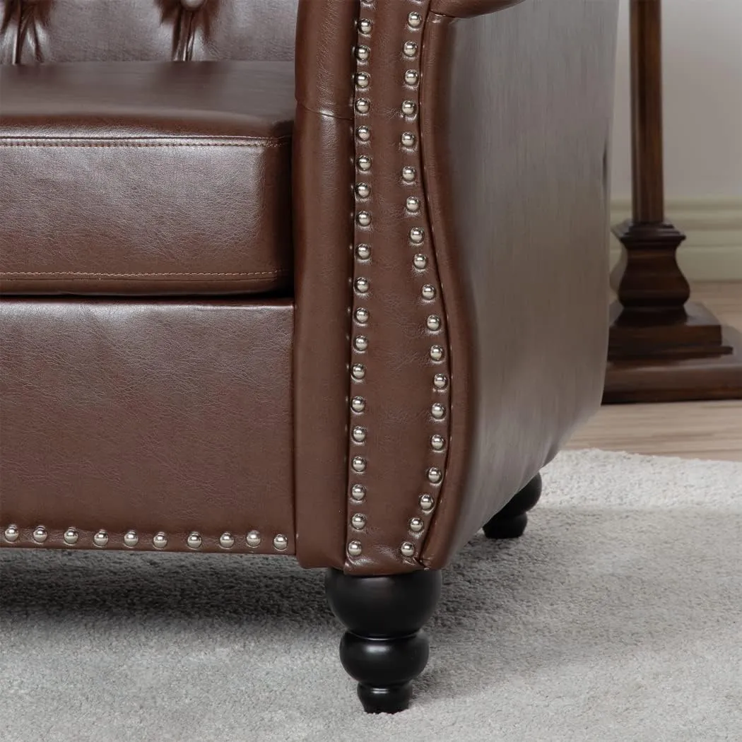 Modern Chesterfield Armchair PU Leather, Rolled Arm Tufted Back Accent Chairs, Upholstery Nailhead Trim for Living Room Office (Dark Brown)
