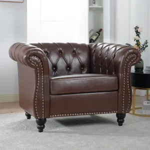 Modern Chesterfield Armchair PU Leather, Rolled Arm Tufted Back Accent Chairs, Upholstery Nailhead Trim for Living Room Office (Dark Brown)